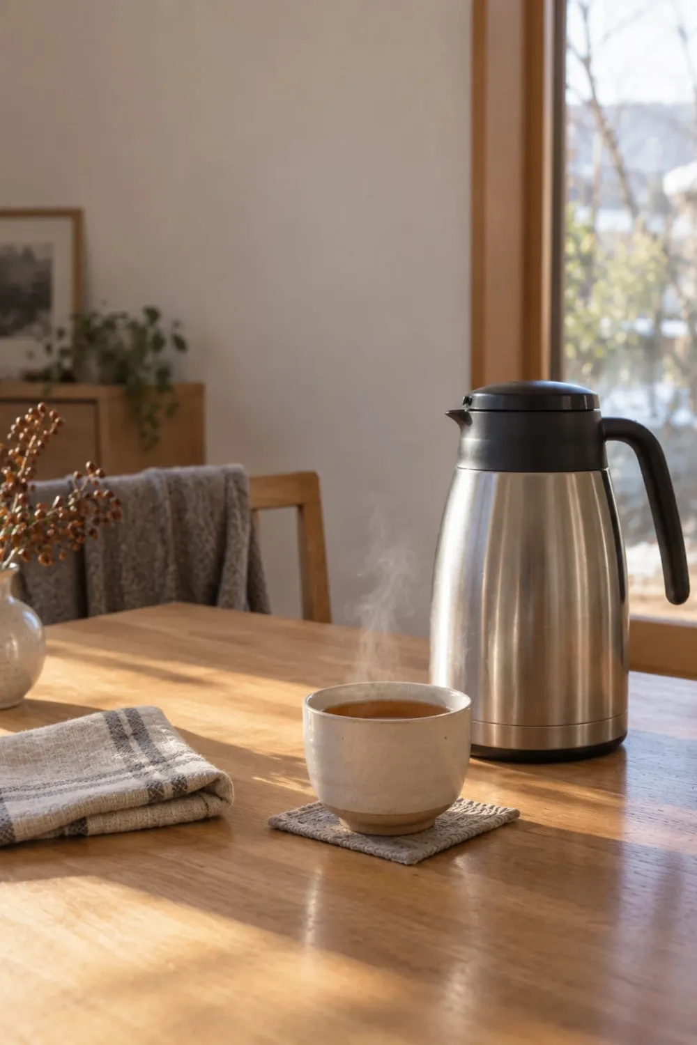 A thermal carafe and a small ceramic cup of hot barley tea on a table by a winter window.